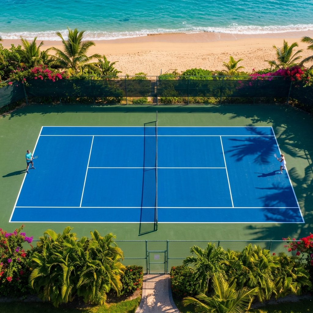 Aerial view of a blue tennis court beside a tropical beach, two players mid-rally